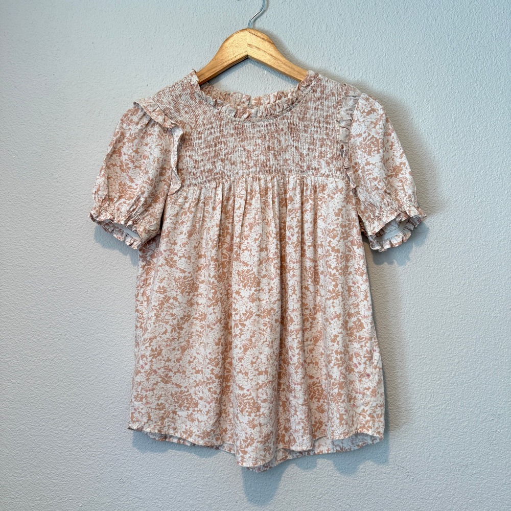 Blu Pepper Tan Floral Smocked Ruffle Mock Neck Puff Sleeve Blouse M CR1078